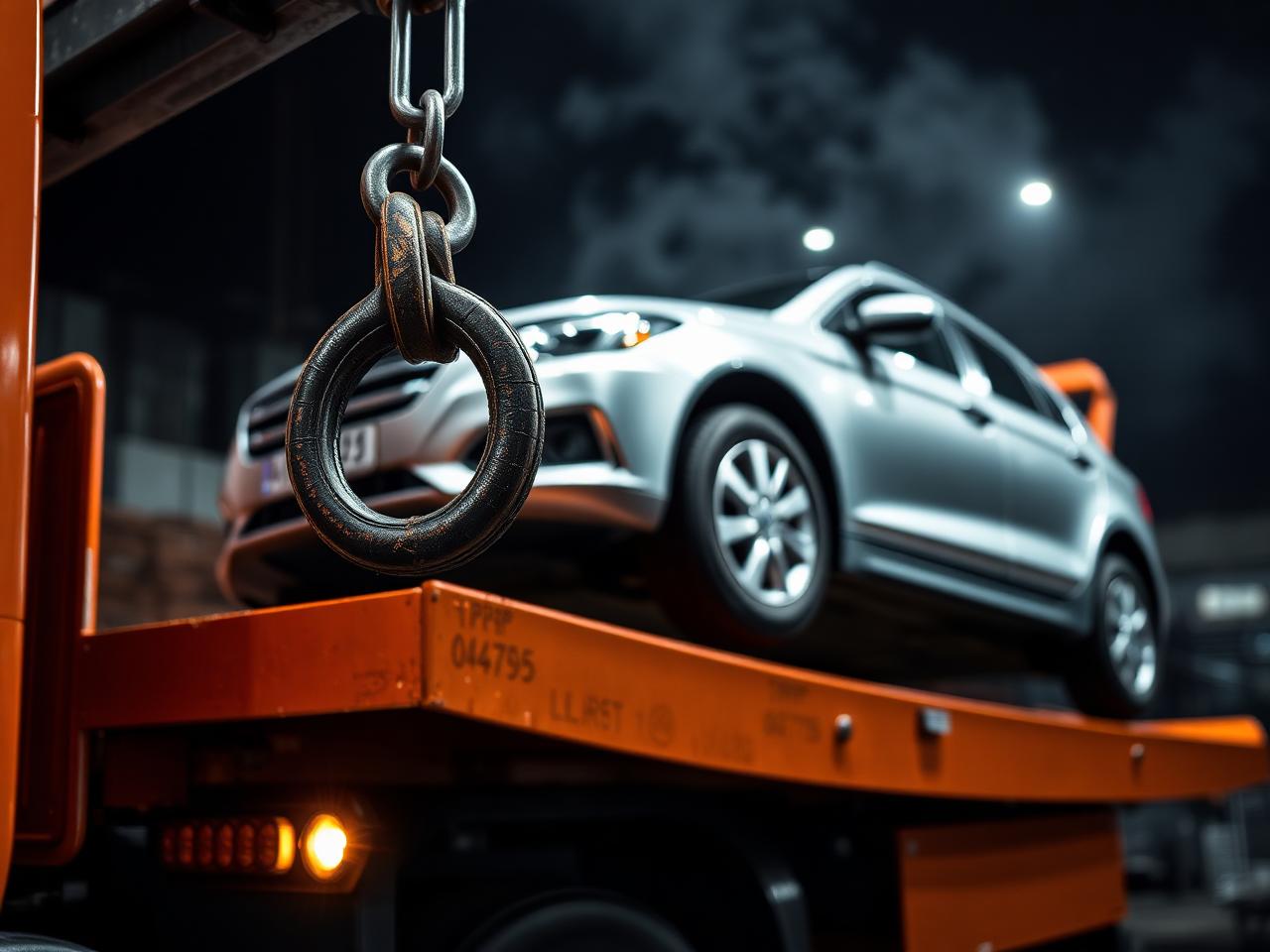 Recovery truck hook and loaded vehicle